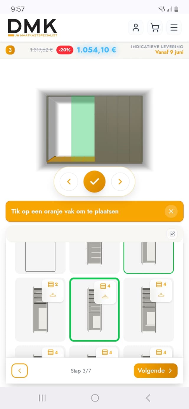 DMK kastconfigurator op een mobiel apparaat met een op maat gemaakte touch-vriendelijke interface