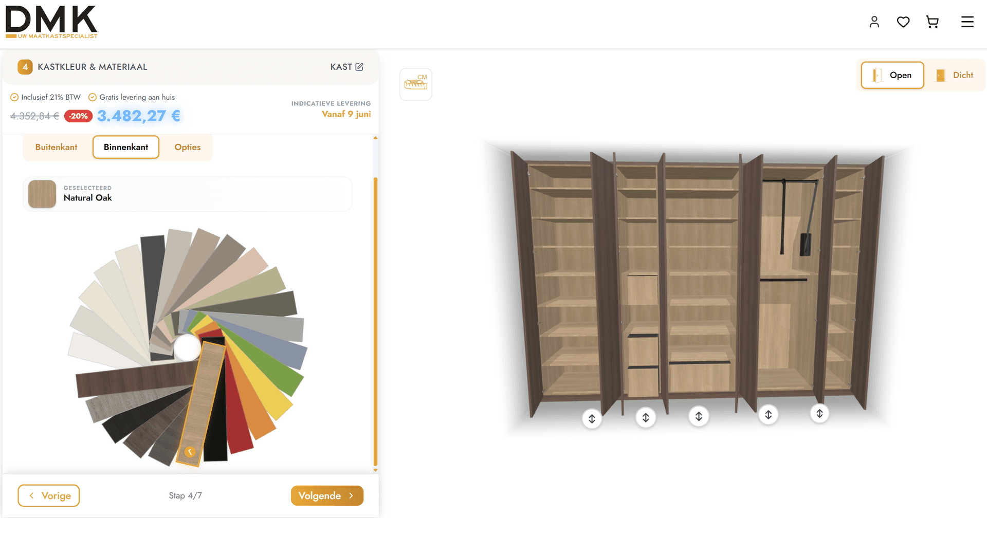 DMK kastconfigurator met kleurselectie-opties voor een geconfigureerde kast