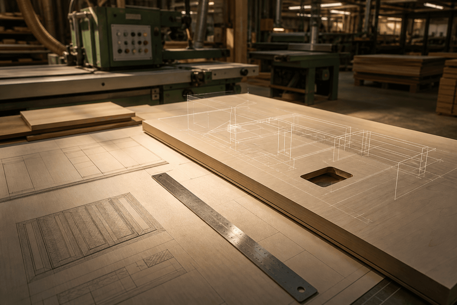 Technische tekening en een geproduceerd paneel in de werkplaats