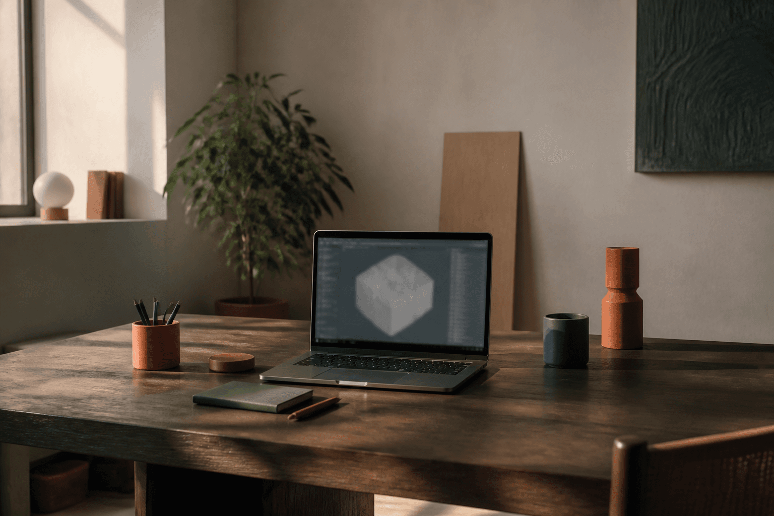 Rustige studio met laptop en een driedimensionaal productmodel