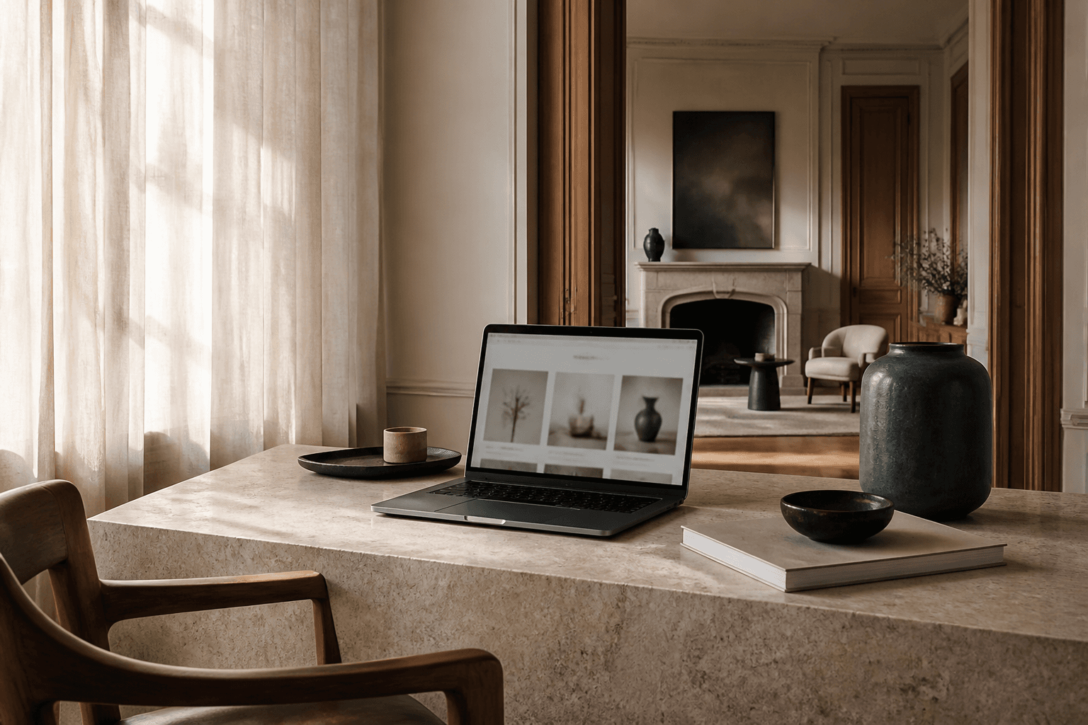 Laptop in een rustig interieur met een webshop op het scherm